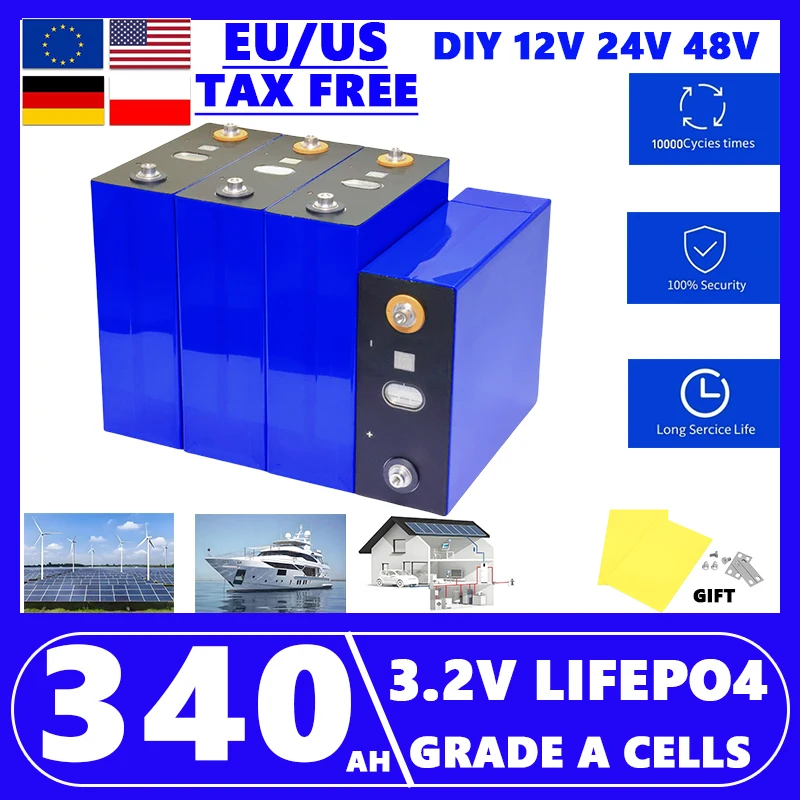 

10000 циклов класса A 3,2 В 340 Ач 320 Ач Lifepo4 аккумуляторная батарея DIY 12 В 24 В 48 В RV EV Лодка Гольф Солнечная энергия Кемпинг беспошлинная торговля