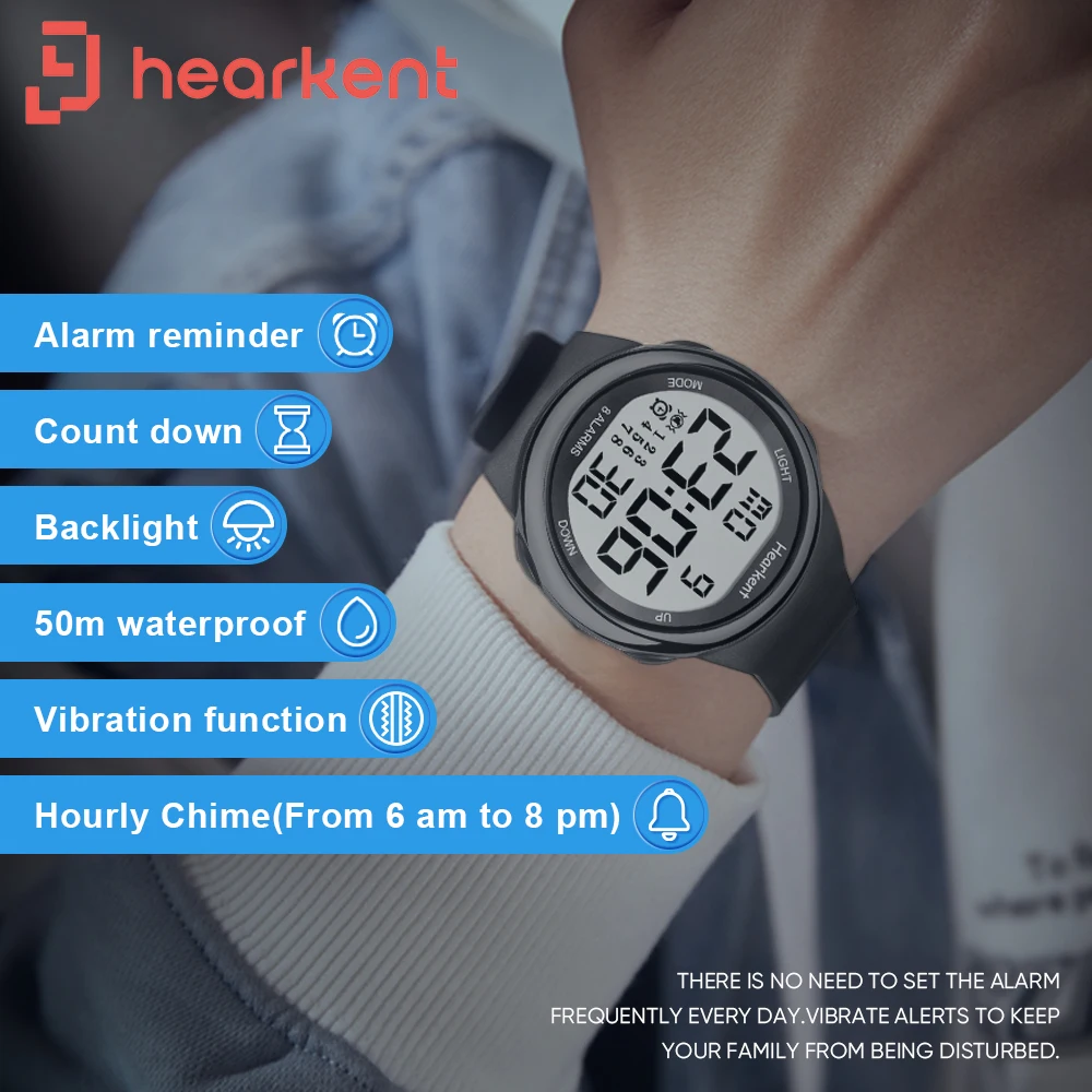 Hearkent Unisex 8 Vibrating Alarms Watch Medication Pill Clock Reminder Big Number Watch Waterproof Digital Wristwatch for Deaf