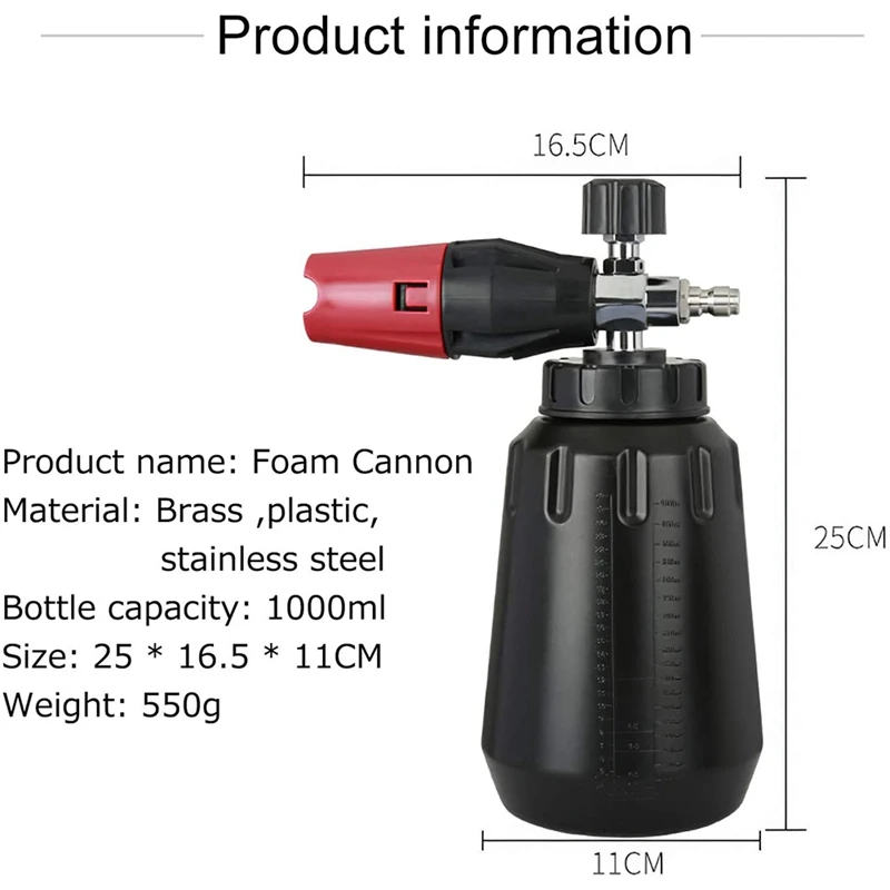 Snow Foam Cannon With 1L Bottle, Adjustable Snow Foam Lance, Heavy Duty Car Foam Blaster, 1/4Inch Quick Connector