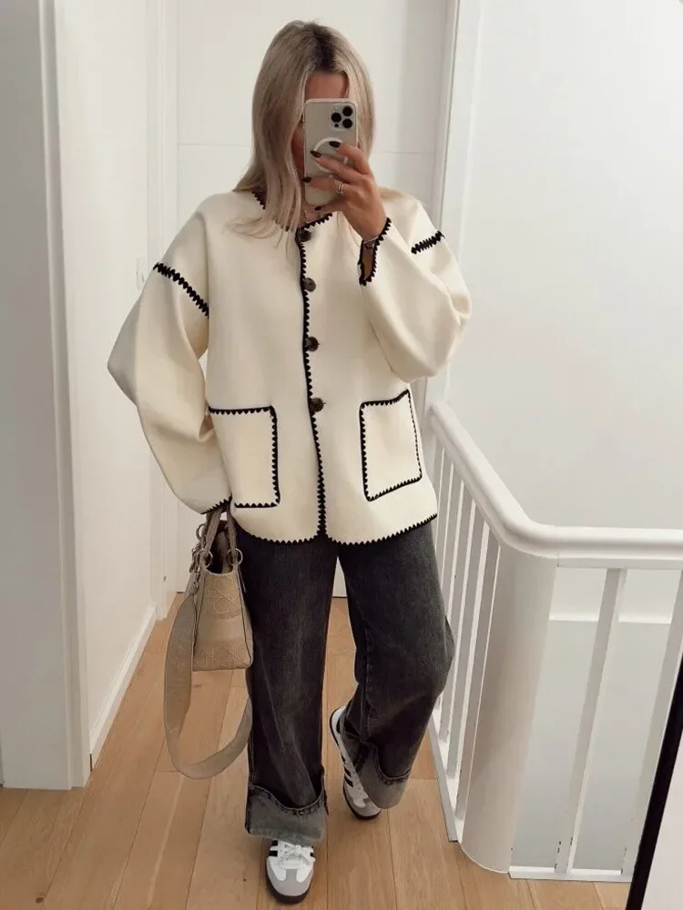 Women Round Neck Patchwork Coat Long Sleeve Single Breasted Pocket Jackets 2023 Autumn Fashion Female Streetwear Outwears