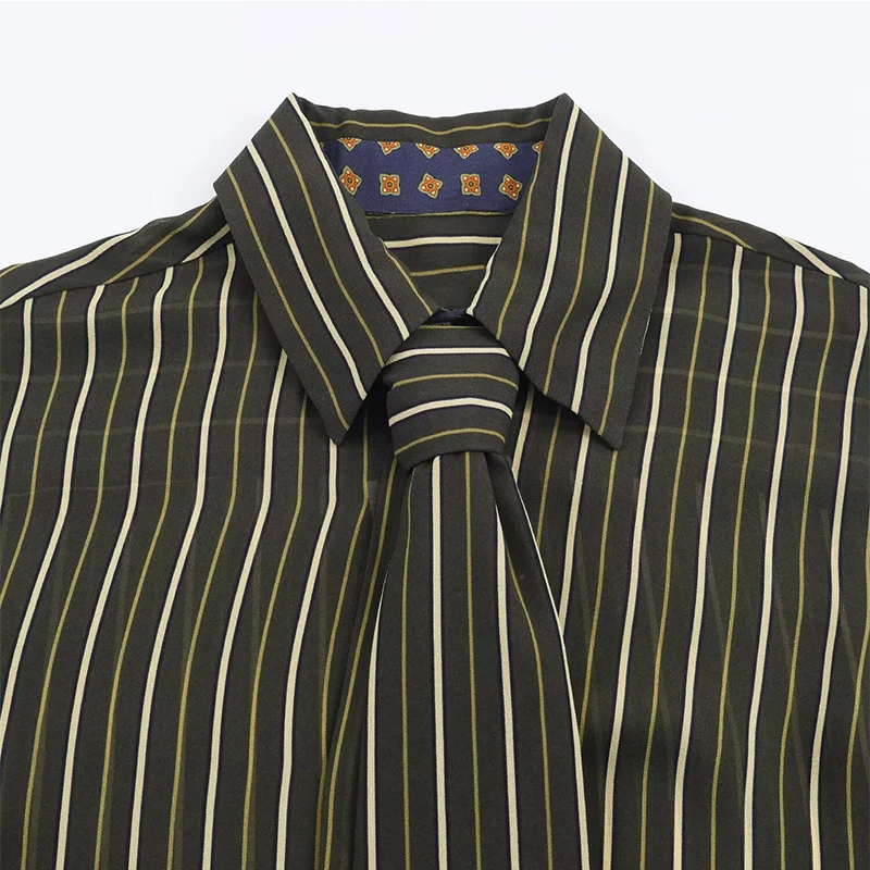 Camisa feminina outono 2025 nova listrado manga longa versão solta estilo namorado camisas gravata decoração casual simplicidade moda ﻿