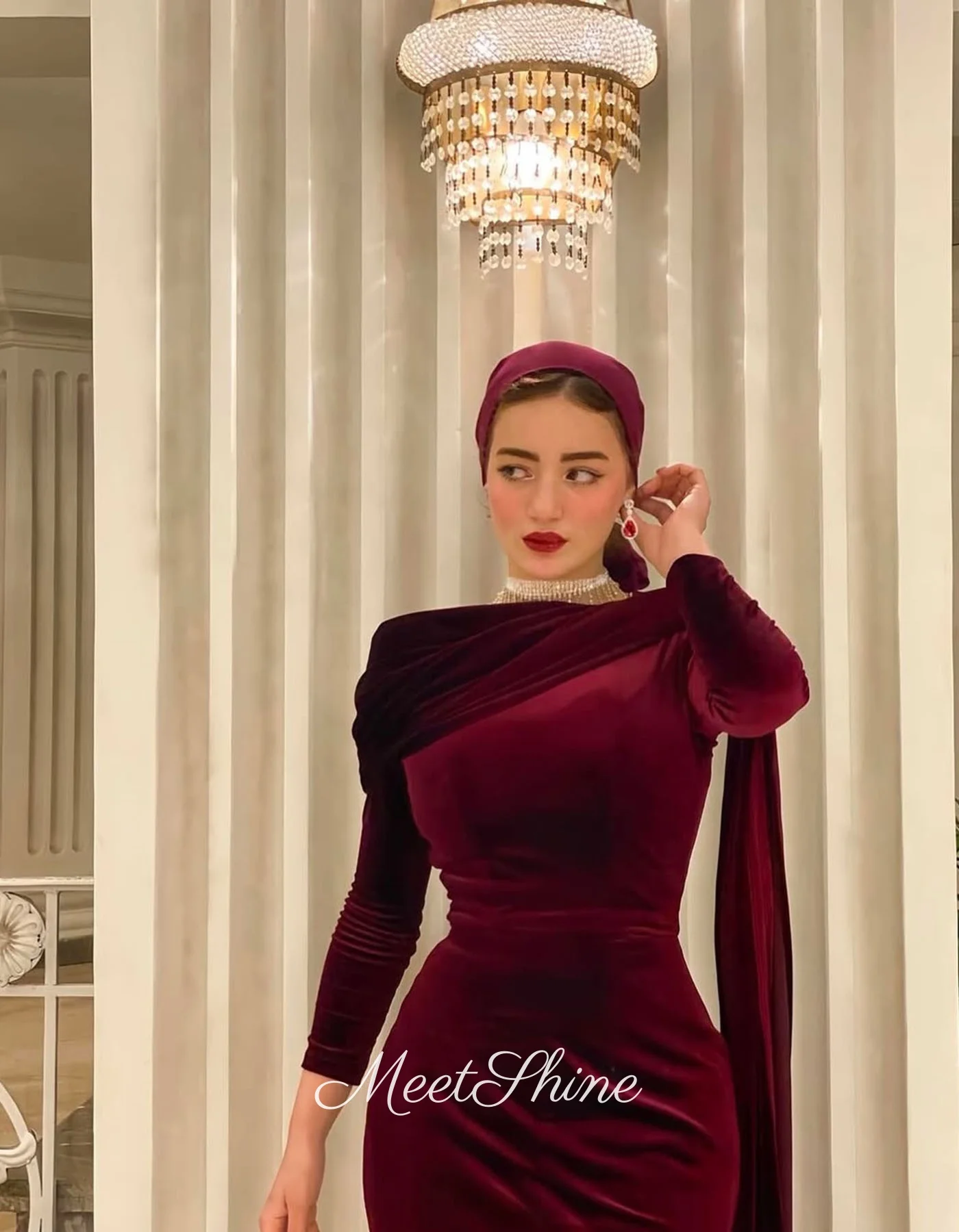 ブルゴーニュマーメイド長袖ベロアイブニングドレス高品質足首丈 O ネックウェディングパーティードレスウエディングドレスカスタマイズ