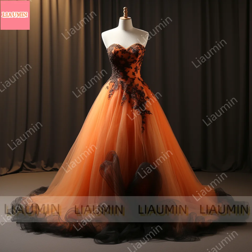 Orange and Black Lace Applique Tulle Ball Gown Full Length Evening Party Clothing Formal Prom Dress