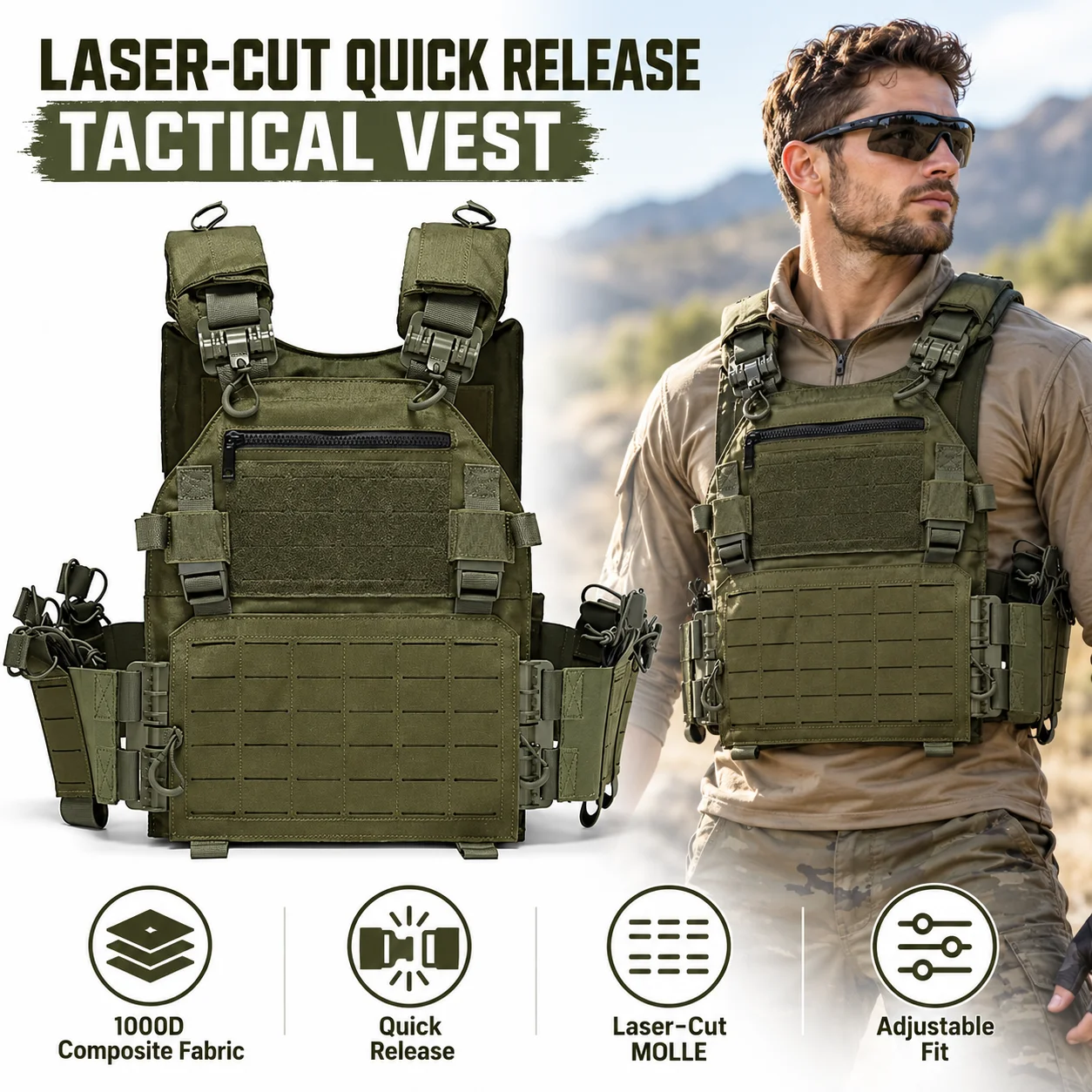 1000D Quick Release Tactical Vest Laser Cut MOLLE Modular Outdoor Training Vest Waterproof Wear Resistant Adjustable Carrier