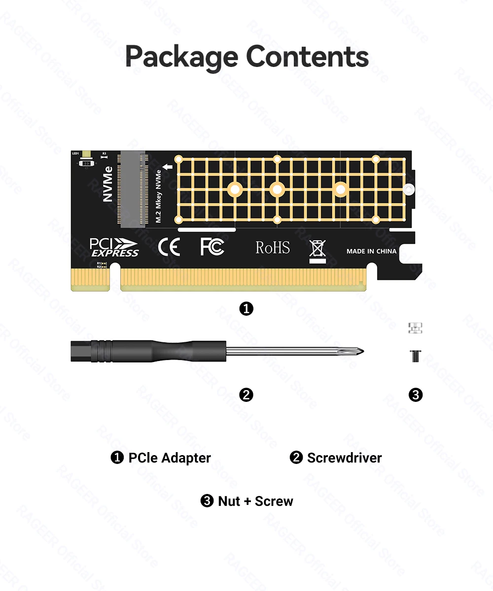 RAGEER M.2 NVMe zu PCIe 4.0 x16 Adapterkarte unterstützt 4 TB SSD und 64 Gbit/s Geschwindigkeit, kompatibel mit 2280/60/42/30 NVMe SSDs – Detail 11