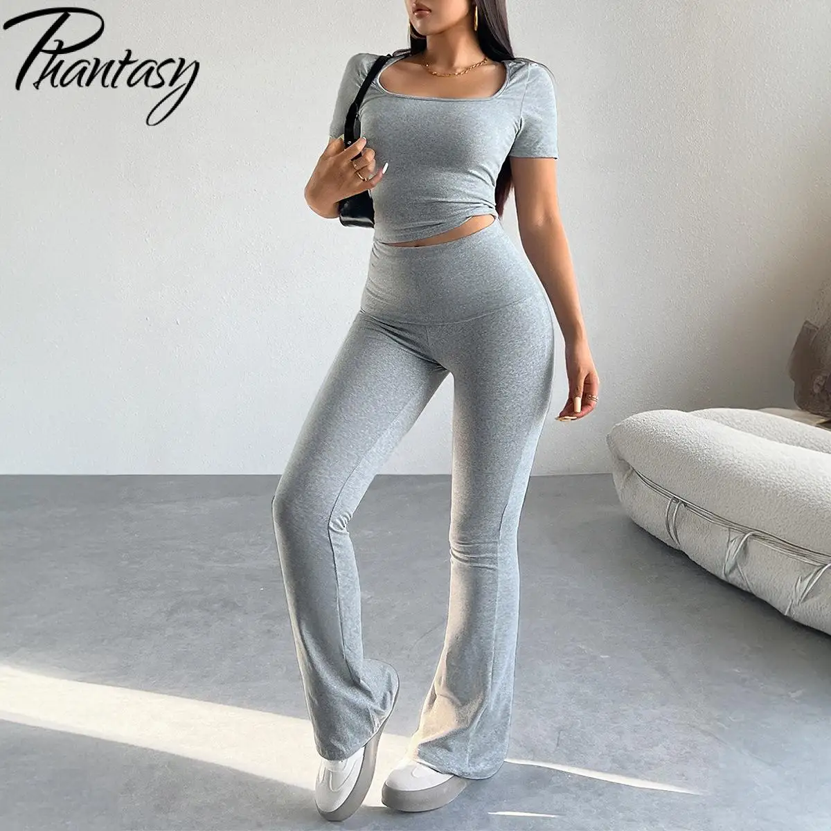 Phantasy Y2K Women\'s Two-Piece Set Pants Suits Grey Yoga Fitness Trousers Fashion Casual Tops Slim Streetwear Summer Outfit