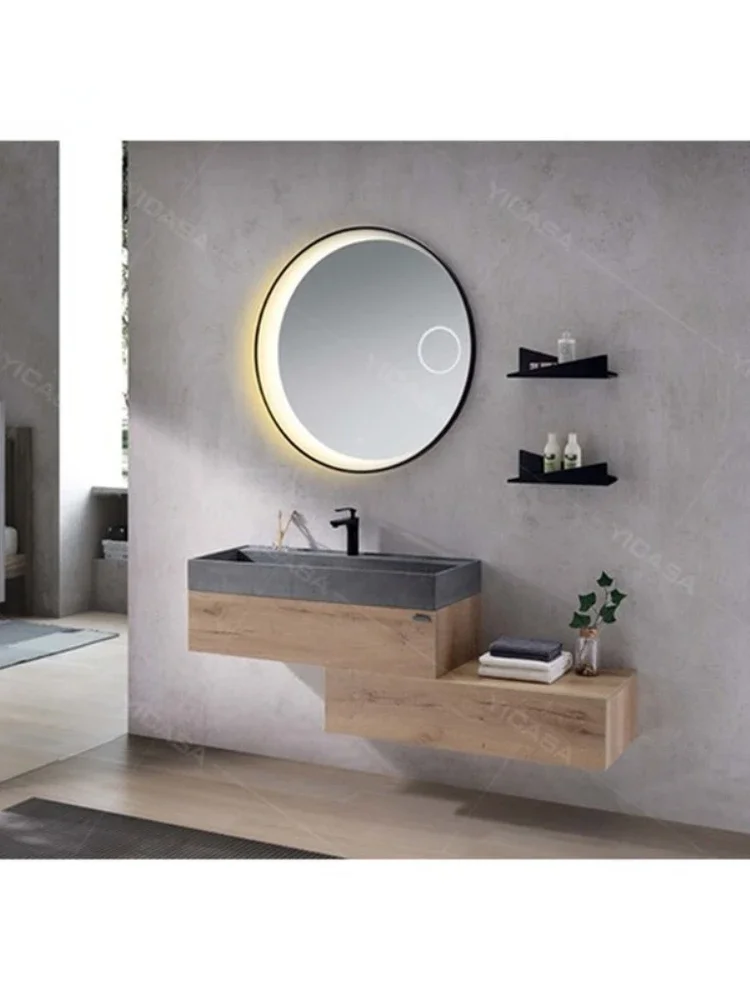 modern style bathroom vanity cabinets with wood veneer with grey cement Basin and bathroom basin cabinet vanity