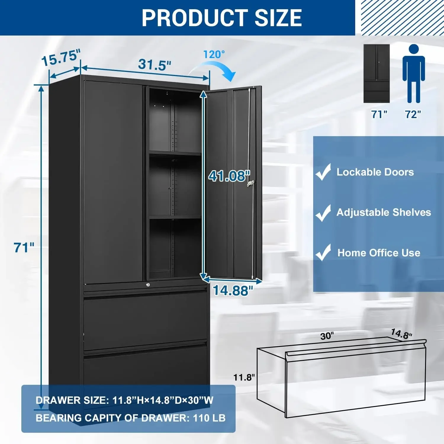 Metal Cabinets with Lockable Drawers and Doors Lateral File Cabinets Steel Metal Filing Lockers for Home Office Hanging Files Le