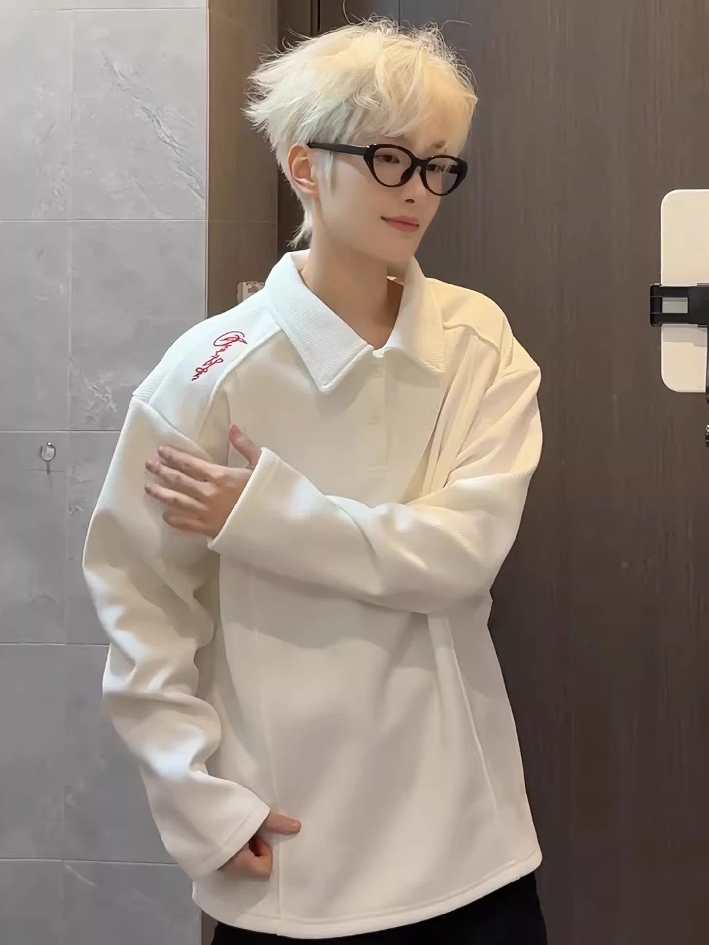 

White American Sle Wfle Pattern Embroidered Sweatirt Men's Long Sve Fce Lined irt Heavyweight Inner Top