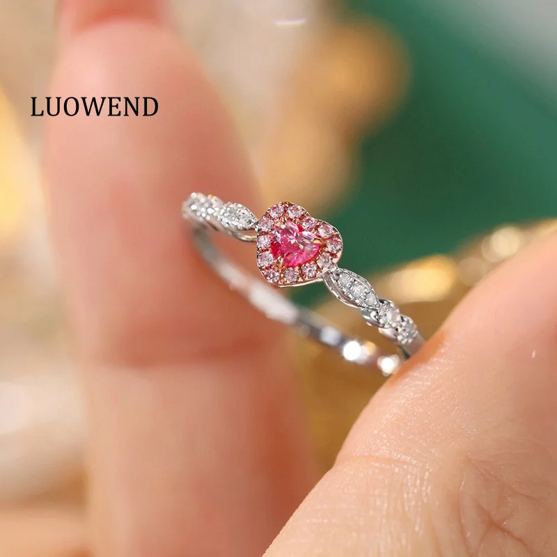 LUOWEND 18K White Gold Rings Romantic Heart Design Real Natural Pink Diamond Engagement Ring for Women High Wedding Jewelry