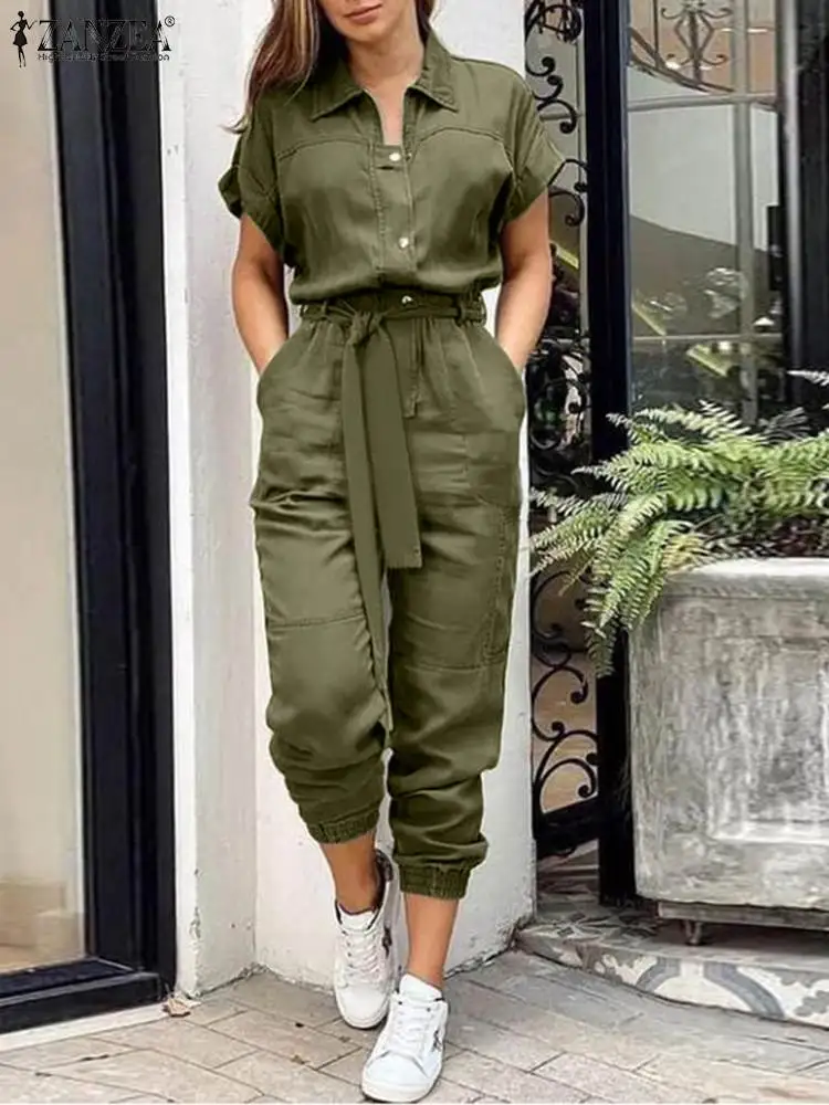 ZANZEA Women Elegant Cargo Pants Long Playsuits 2024 Fashion Summer Jumpsuits Vintage Solid Lapel Neck Short Sleeve Work Rompers