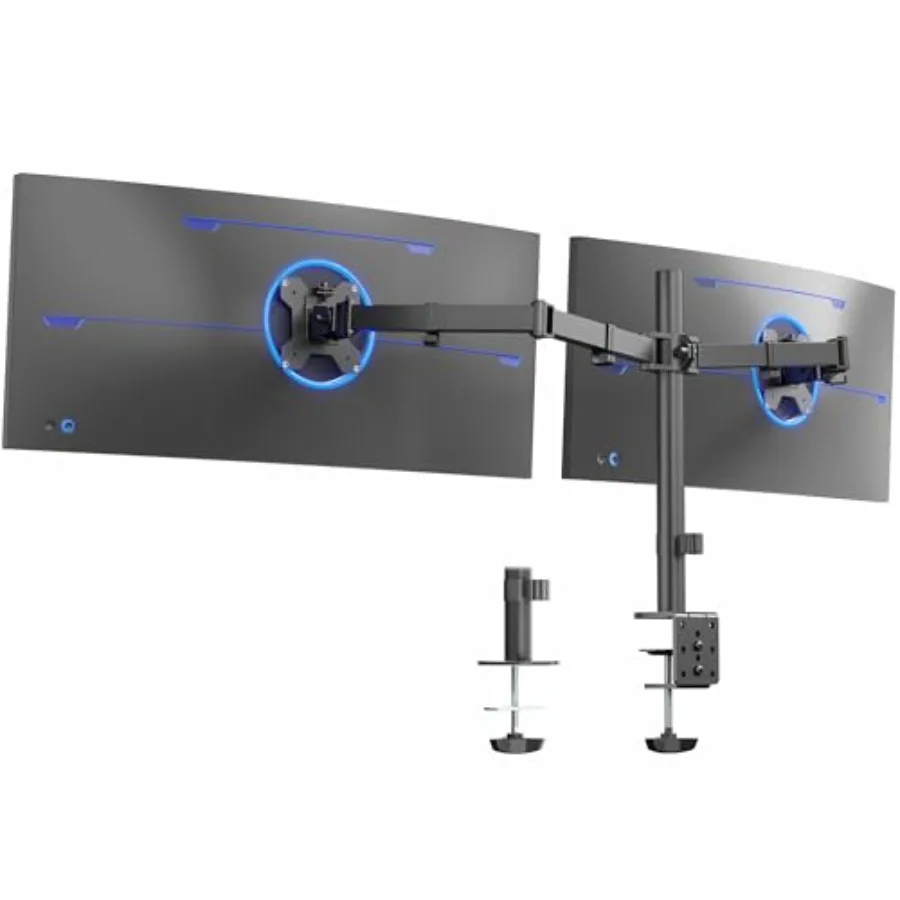 Dual ultrawide monitor desk mount for office use, heavy-duty steel construction, black finish, supports two 38-inch screens wit