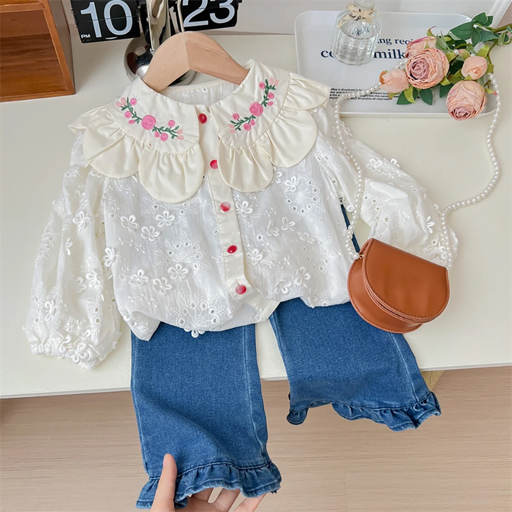 Kids Girls Blouse Spring Autumn Embroidery Floral Turn Down Collar Lace Shirts Infant Girl Long Sleeve Shirt Children Tops 1-8Y