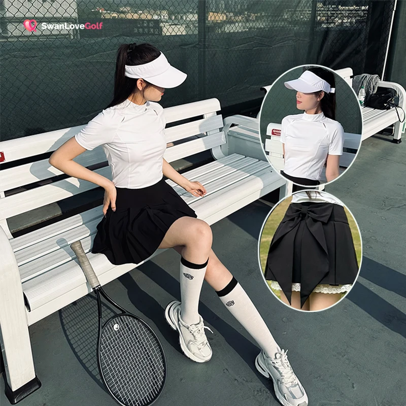 

SG Summer Golf Women's Shirts Sports Short Sleeve White Top Ladies Big Bow Tennis Short Skirt High Waist Pleated Skorts