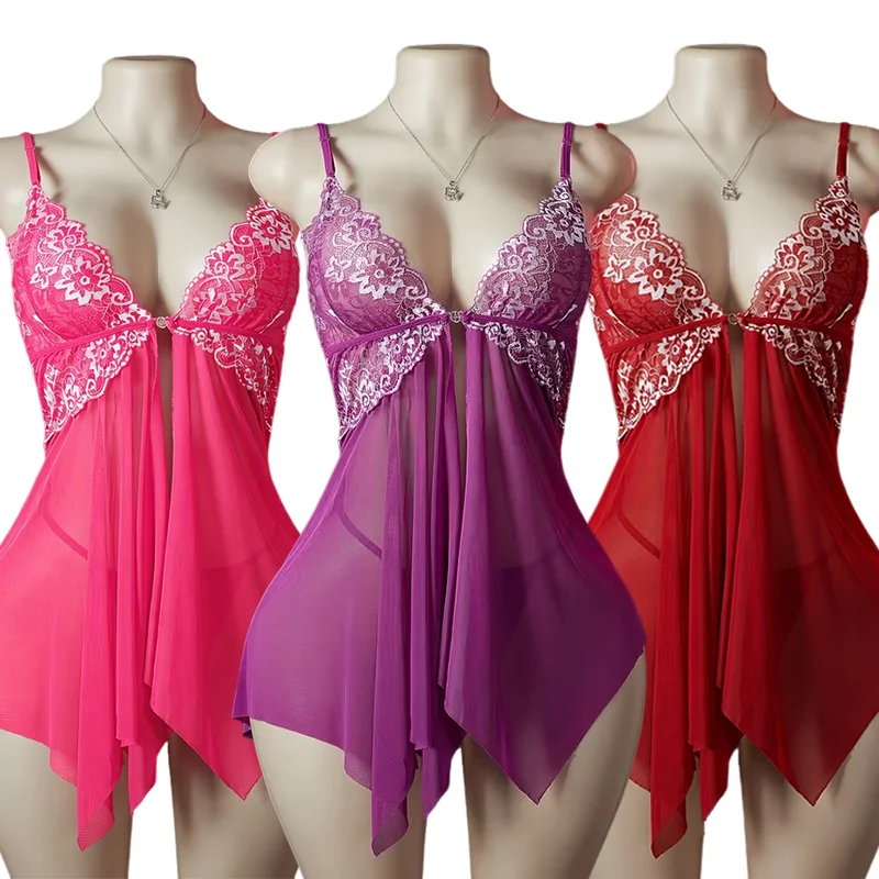 Sexy Sleepwear Woman Deep-V Neck Night Dress See-through Nightgown Lace Babydoll Night Lingerie Sleeveless Mini Dress Homewear