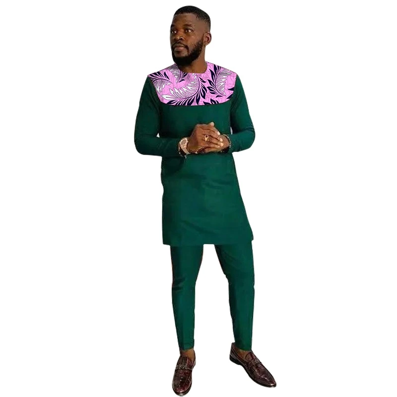 Blackish Green Patchwork Tops With Pants Cotton Sets Men's Print Male Nigeria Outfits Custom Made African Wedding Party Suit