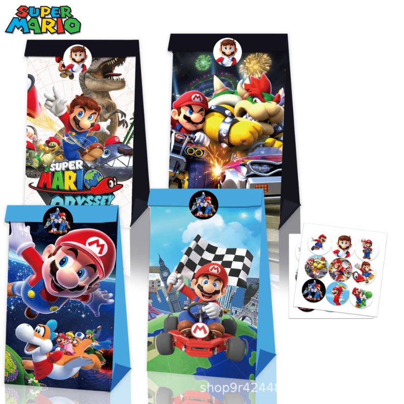 12 Uds juego Marios Bros bolsas de regalo Anime niños fiesta de cumpleaños bolsa de dulces cajas de embalaje de papel Kraft bolsa de regalo suministros regalo