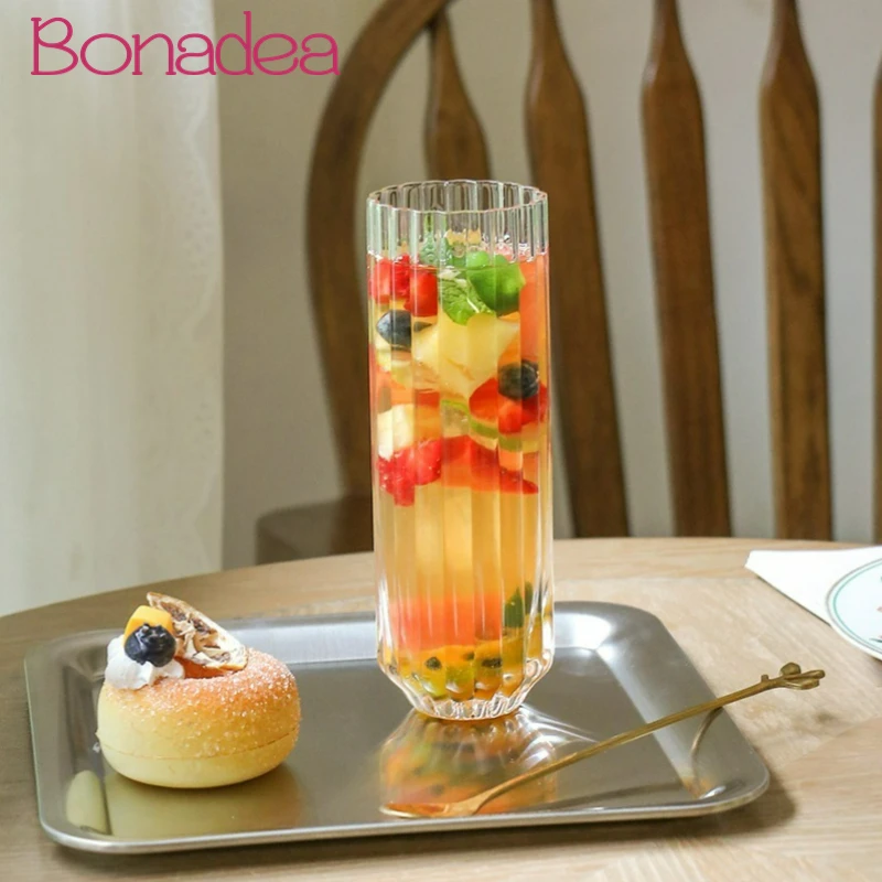 

Korean Style Stripe Bud Juice Glasses Cup Long Cocktail Glass Cup Milk Coilin Glasses Home Restaurant Accessories