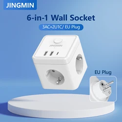 Wall Socket Extender with 3 AC Outlets 1 USB C Ports 6-in-1 EU Plug Charger On/Off Electrical Power Strip Switch For Home 2500W