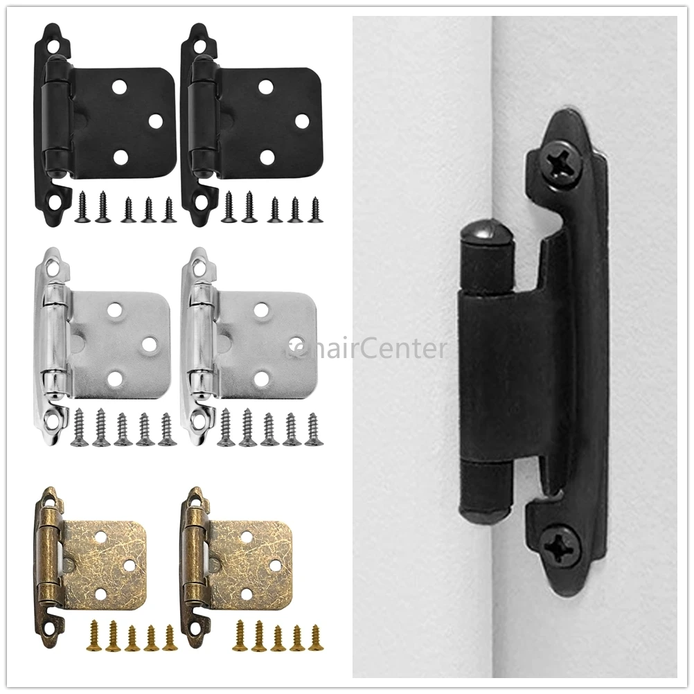 10pcs Self Closing Overlay Flush Cabinet Hinge w/screw Kitchen Cupboard Flush Mount Semi Concealed Doors Black/Silver/Bronze