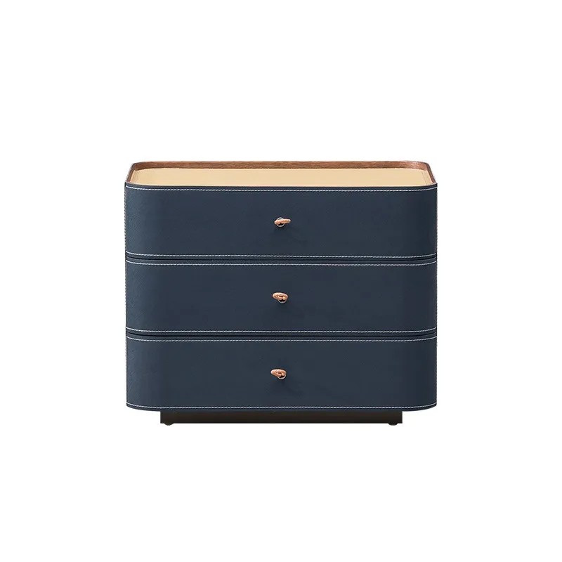 Italian minimalist solid wood bedside table, saddle leather edge cabinet, bedroom three-draw chest cabinet, high-end royal blue