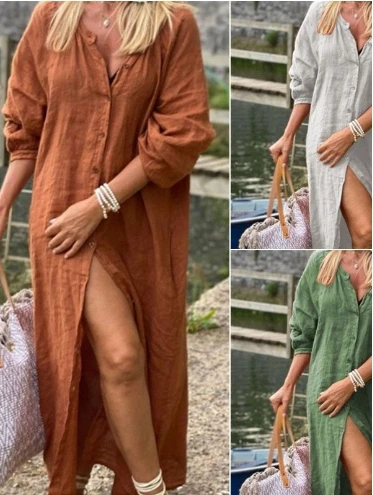 Women's Square Collar Cotton Simple Loose Long Sleeved Shirt Dress Elegant Women's Loose Dresses