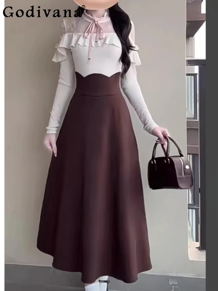 

Spring Autumn Stand-Up Collar Long Sleeve Lace Pink Top Fashion Girl High Waist A-line Age Reduction Skirt Sweet Japanese Sets