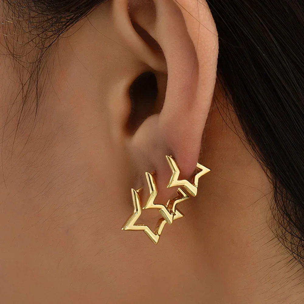 6pcs/Set Vintage Glossy Chic Silver Color Star Hoop Earrings for Women Retro Pentagram Huggie Hoops Daily Wear Jewelry