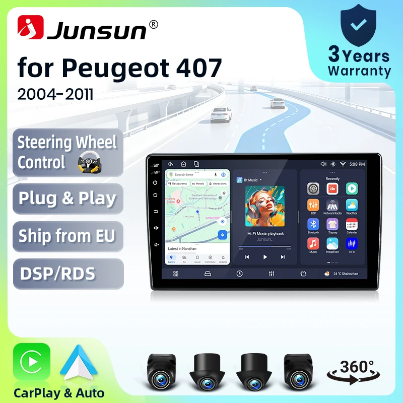 Autoradio Junsun sans fil CarPlay Android Auto pour Peugeot 407 (Berline/SW/Coupé) 2004-2011 avec ventilateur de refroidissement intégré, navigation GPS Android, lecteur multimédia, WiFi, DSP, RDS, BT, SWC, écran tactile IPS, autoradio, lecteur vidéo, unité centrale stéréo