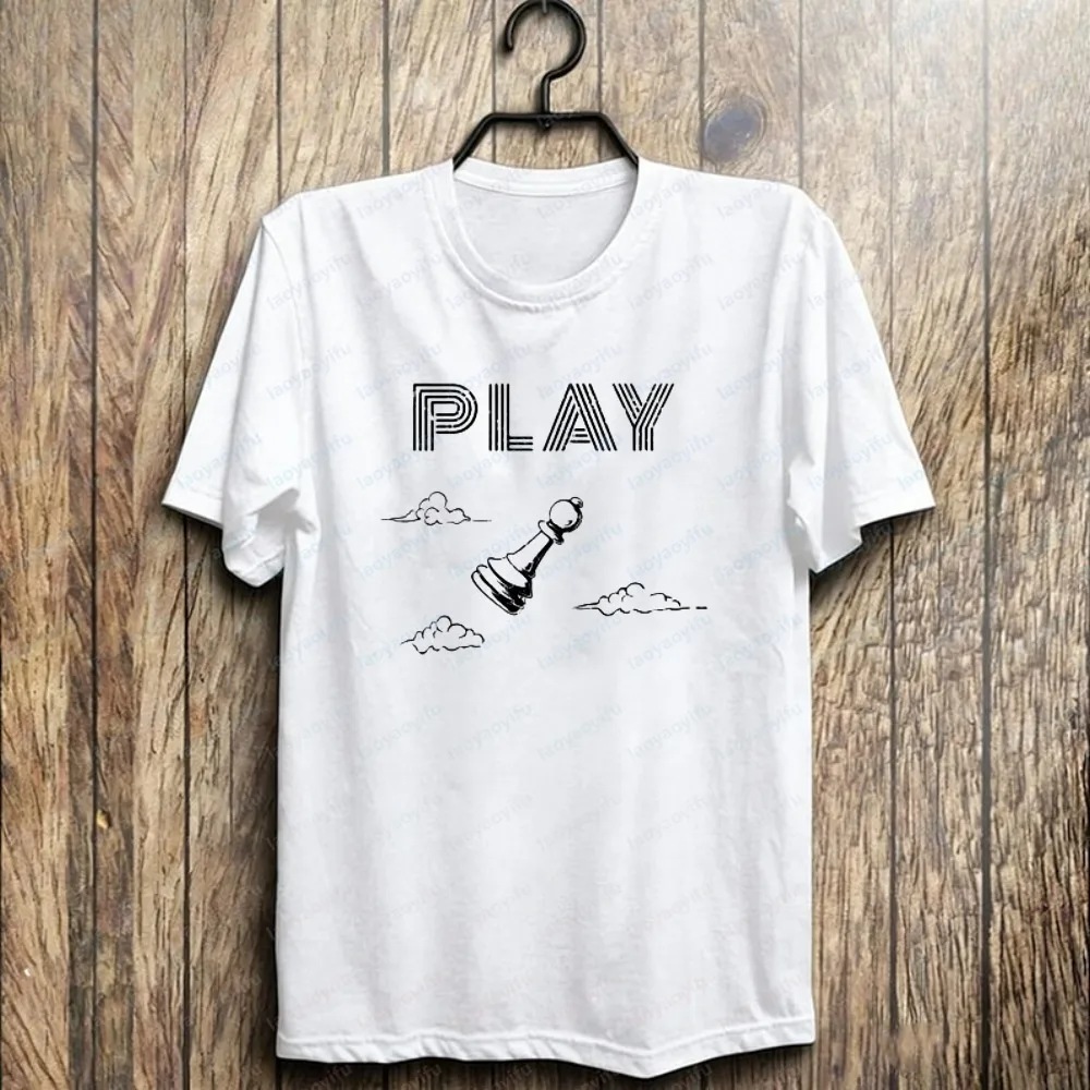 Chess PLAY Pawn Cotton T-Shirt Minimalist Graphic Tee Chess Lover Casual Tops Vintage Classic Fashion Streetwear Men's Clothing