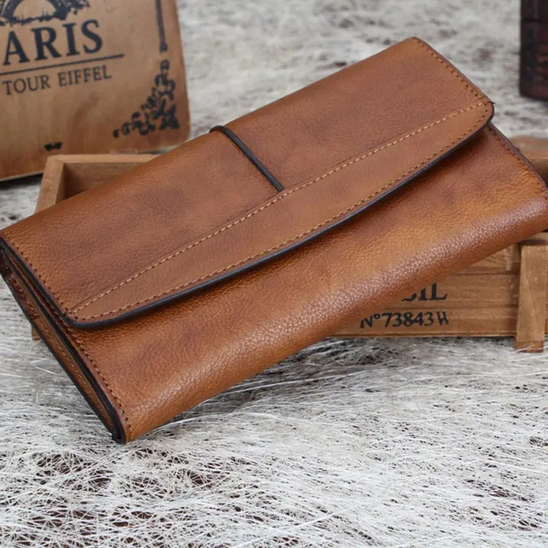 Women's Handmade Wallet Female Genuine Leather Long Wallet Retro Long Zipper Three Fold Wallets Card Coins Purses Clutch Bags