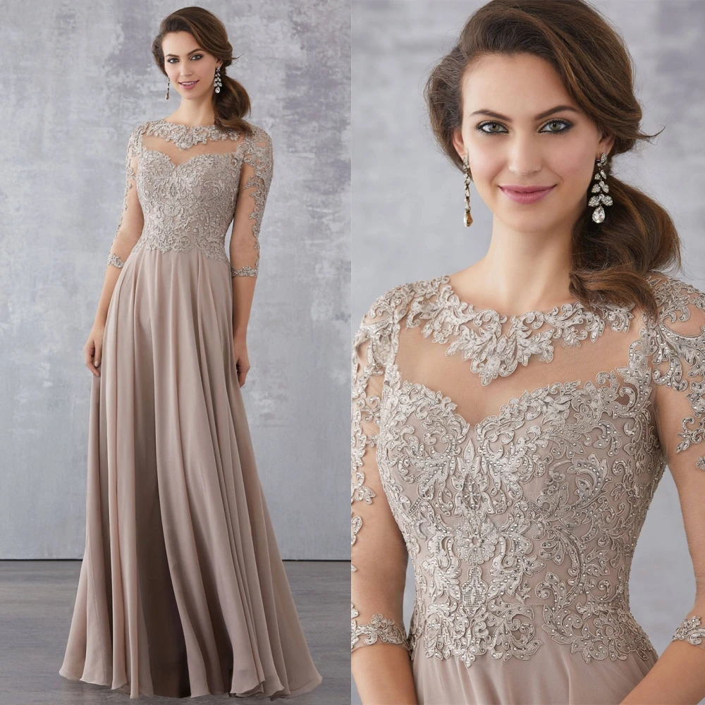 Customized Simple Chiffon O-Neck Evening Dress Exquisite Long Sleeves Prom Dresses Delicate Appliques Special Occasion Gowns