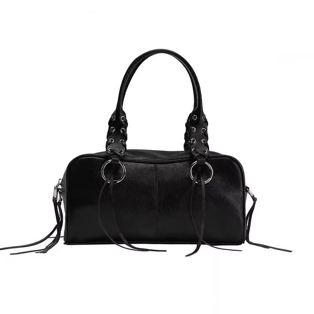 

Women Fashion Pu Leather Rivets Tassels Boston Bag 2025 New Top Handle Handbag Adjustable Long Strap Cross Body Purse