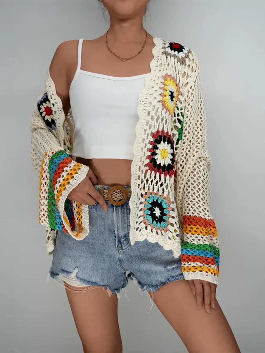 Y2k Hollow Knittd Crochet Sweater Cardigan Women'S 2025 Spring And Autumn Fashion Blouse Top 2000s Vintage Beach Coverups