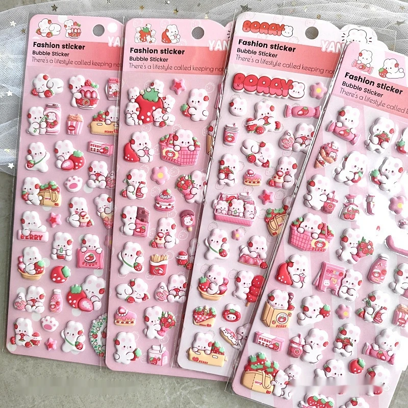 

3d Pink Strawberry Little Rabbit Children'S Cartoon 3d Stickers Cute Rabbit Girl Handmade Puzzle Reward Stickers Holiday Gifts