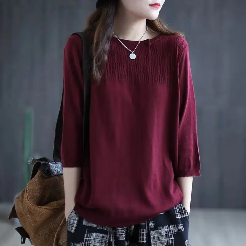 2024 New Style Literary Artistic Knitted Sweater for Women New Summer Three-quarter Sleeves Loose Round Neck Pullover Top