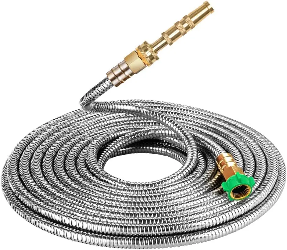 

304 Stainless Steel Metal Garden Hose 50 Feet with Brass Garden Hose Nozzle Flexible, Portable & Lightweight Kink Free Garden