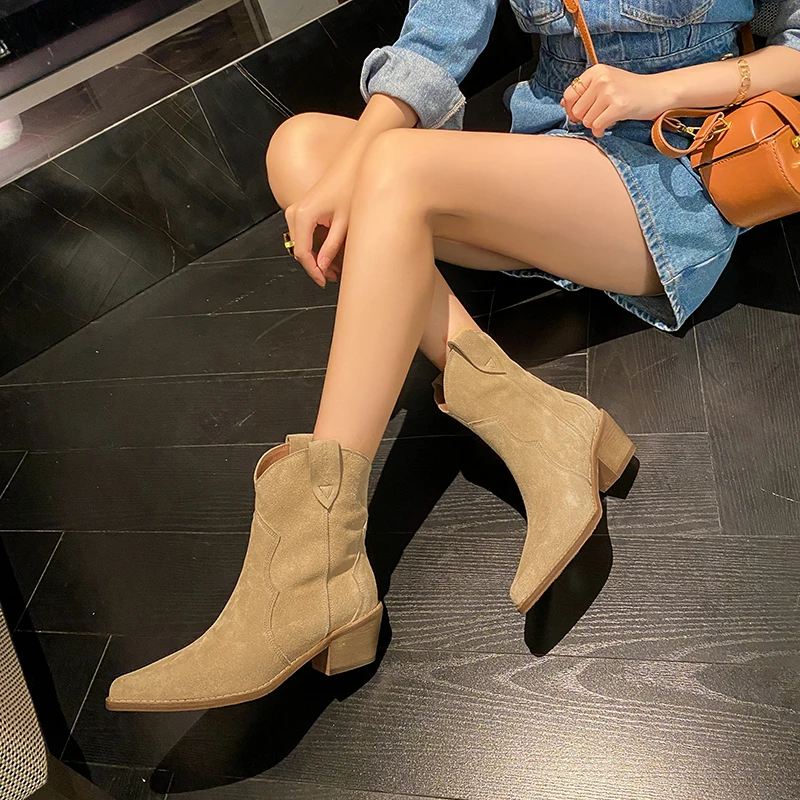 【EUNICE YUN】2025 Classic Western for Woman Cow Suede Pointed toe Wedges Heel Ankle Boots Simple Comfortable Cowboy Female 33-43