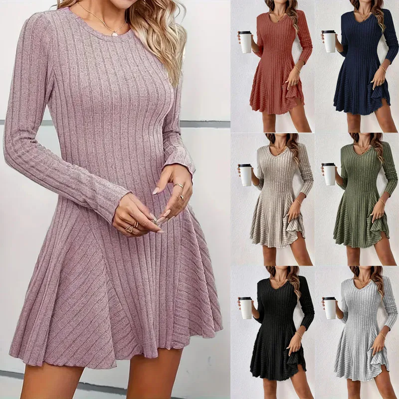 Europäisches und amerikanisches grenzüberschreitendes neues elegantes Strickkleid mit V-Ausschnitt und langen Ärmeln, kurzem Rock und großem Rock für Damen