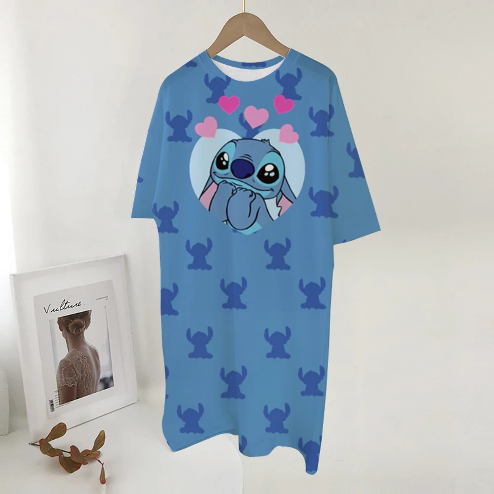 Tamanho da etiqueta feminina verão casual manga curta vestidos de noite casual o pescoço disney stitch impressão vestidos brancos novo wo