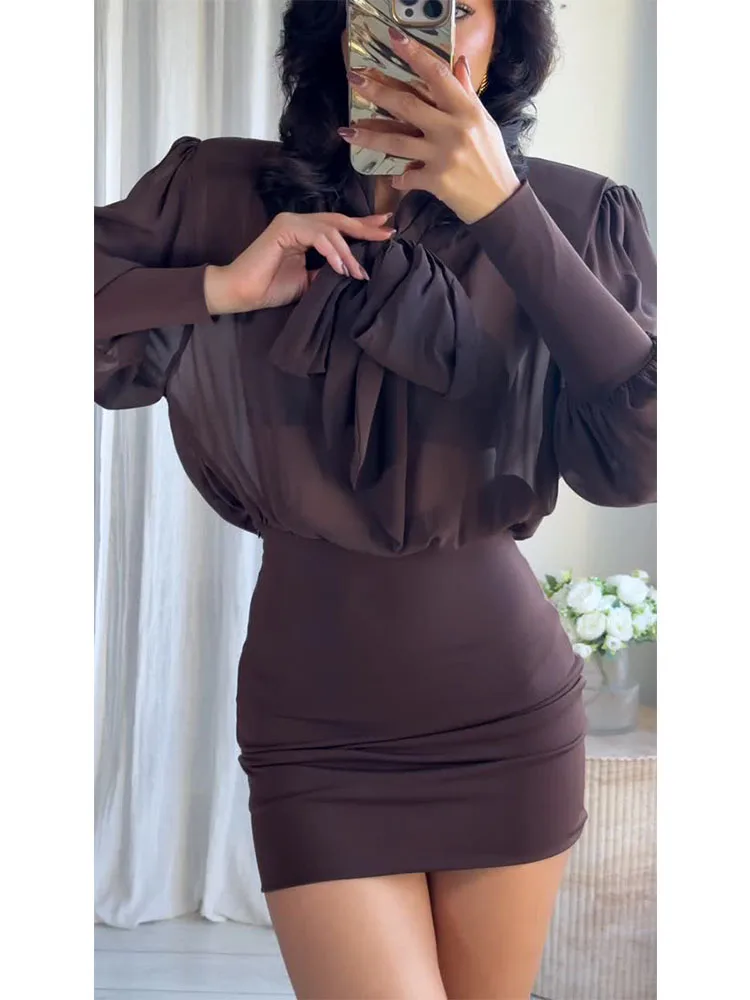 

HH Women Summer New Fashion Patchwork Short Dress Sexy Backless Long Sleeves Bow Tie Decoration Casual Dress Female Party Dress