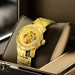New men's watch with golden steel strip, retro style, noble and exquisite carving of the twelve zodiac animals, mechanical watch