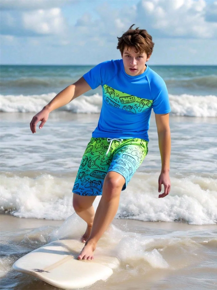 

Boy Kids Swimsuit 2026 New Blue Game Console Short Sleeves Children Swimwear Summer Two Piece Beach Shorts Bathing Suit Swimming