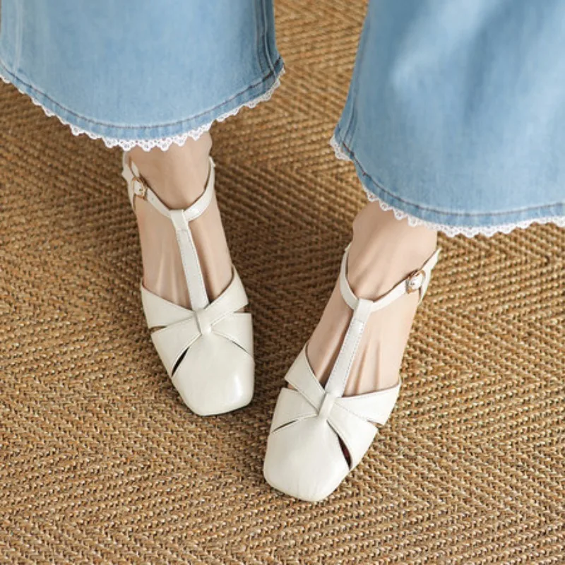 

Plus Size 34-42 Women's Narrow Band Cow Leather Braided T-strap Sandals Slingback Square Toe 2.5cm Thick Med Heel Pumps Shoes