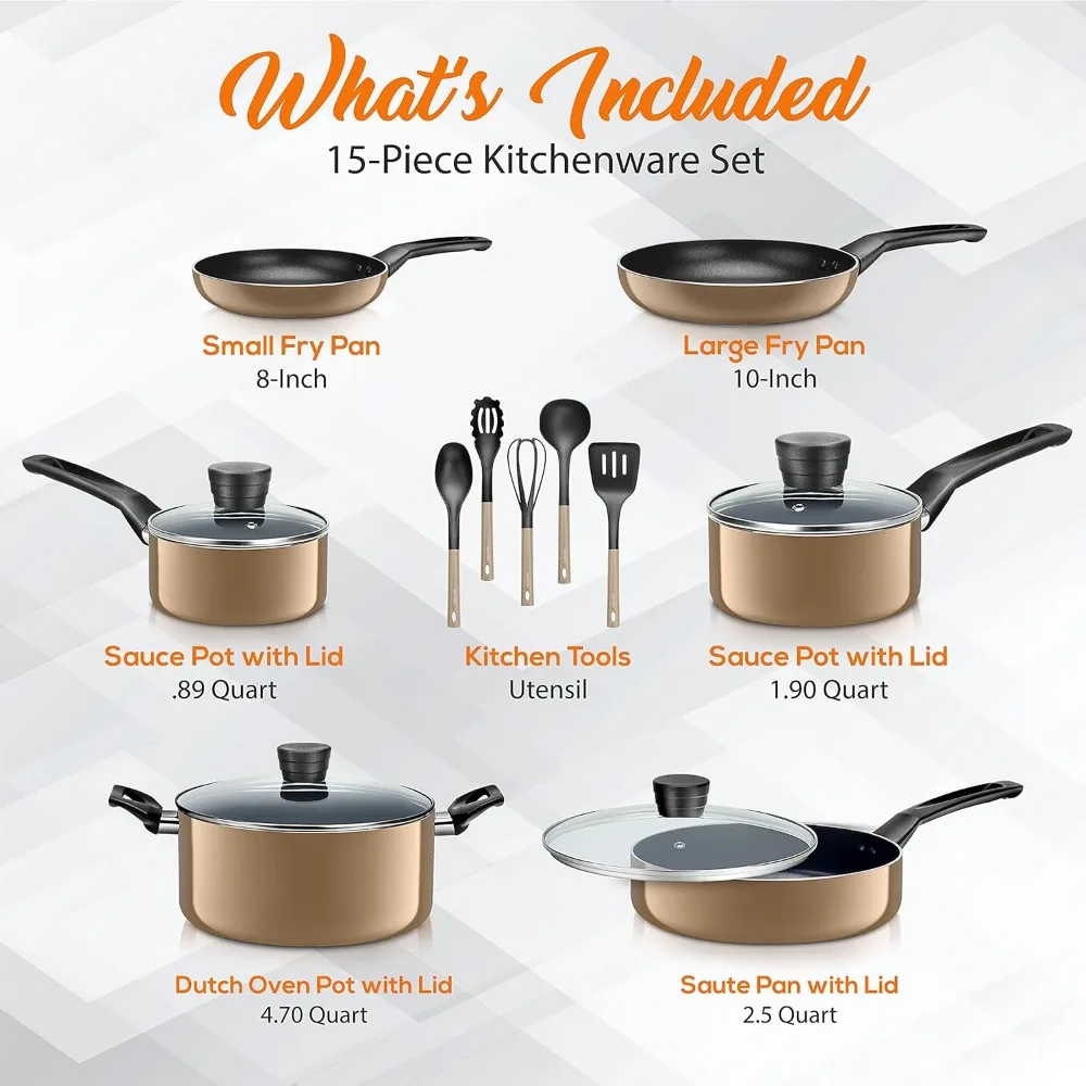 Kitchenware Pots & Pans Basic Kitchen Cookware, Black Non-Stick Coating Inside, Heat Resistant Lacquer (15-Piece Set)