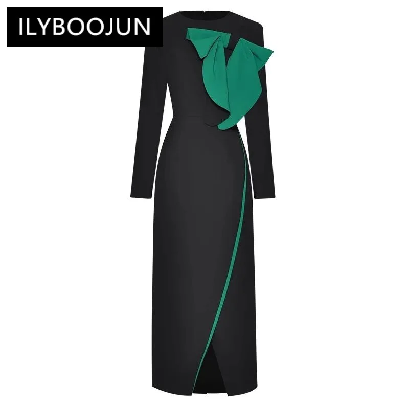 ILYBOOJUN Fashion Designer Autumn Women\'s dress Long sleeved Bow Slim Package hip Elegant Commuter Split Dresses