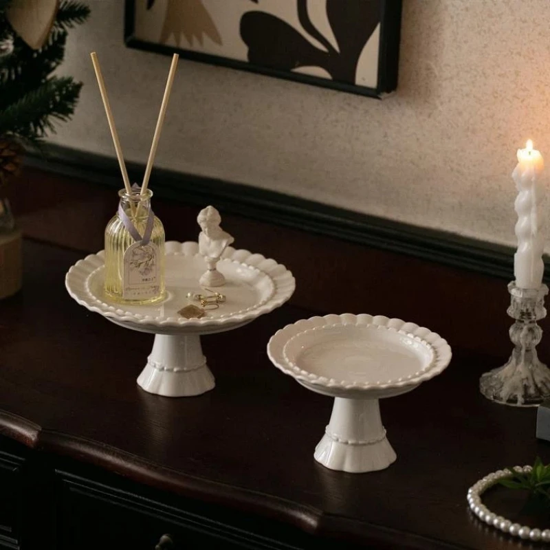 French Ceramic Medieval High-foot Plate, High-level Dessert Table Decoration Cake Dessert Plate,Cosmetic Jewelry Storage Tray