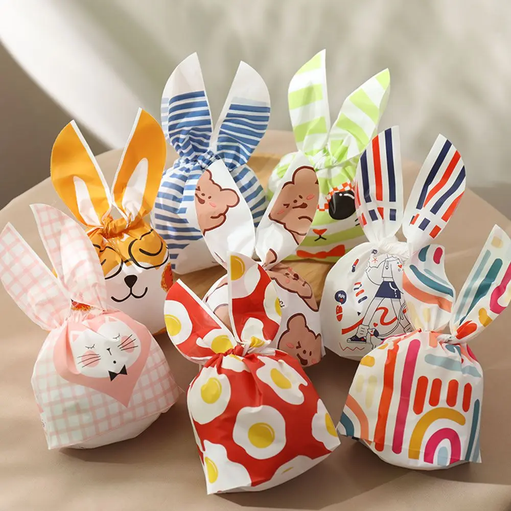 50pcs New Easter Carton Rabbit Ear Bags Plastic Animal Candy Bags For Kids Birthday Biscuits Candy Packaging DIY Gifts Supplies