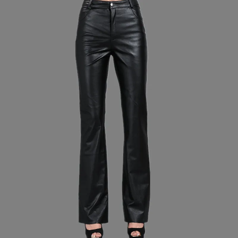 

Women's Leather Pants, Mid Waist, Flared, Genuine Sheepskin, OL Pants, Big Size, Casual Leather Pants, Spring Autumn