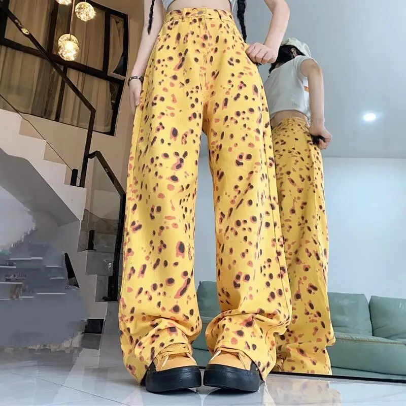 Frühling und Herbst Neue frauen Hohe Taille Gerade Bein Breite Bein Hosen Amerikanischen Retro Leopard Muster Hot Girl Jeans mode